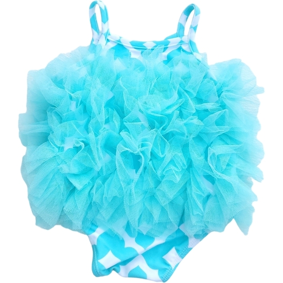 Mud Pie One-piece Swimsuit Ruffle Turquoise|White Hearts 9-12 Months - Picture 2 of 4